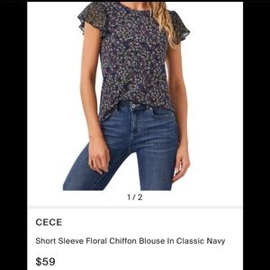 NWT CeCe short sleeve floral chiffon blouse in classic navy size S